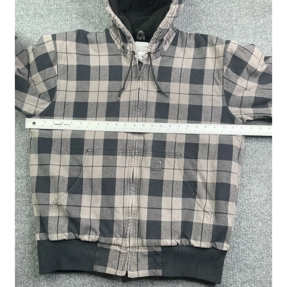 Carhartt Jacket Mens L Grey Plaid J260‎ SMK Hooded Quilted Flannel Work Coat